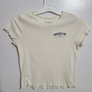 Juniors Brooklyn New York Off-White Lettuce Ruffle Baby Tee Crop Top| Awake